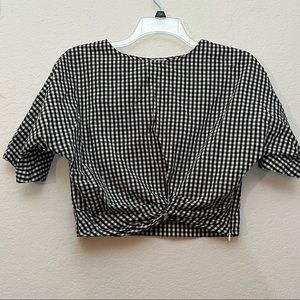 Basic House Black White Blouse Crop Top Knot-Front Gingham Preppy K-Fashion XS